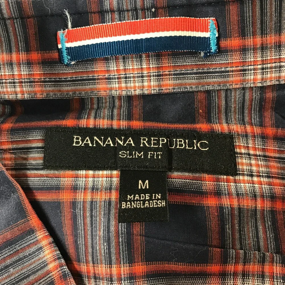 Banana Republic Button Down Shirt Mens Medium Navy Blue Orange Plaid Slim Fit
